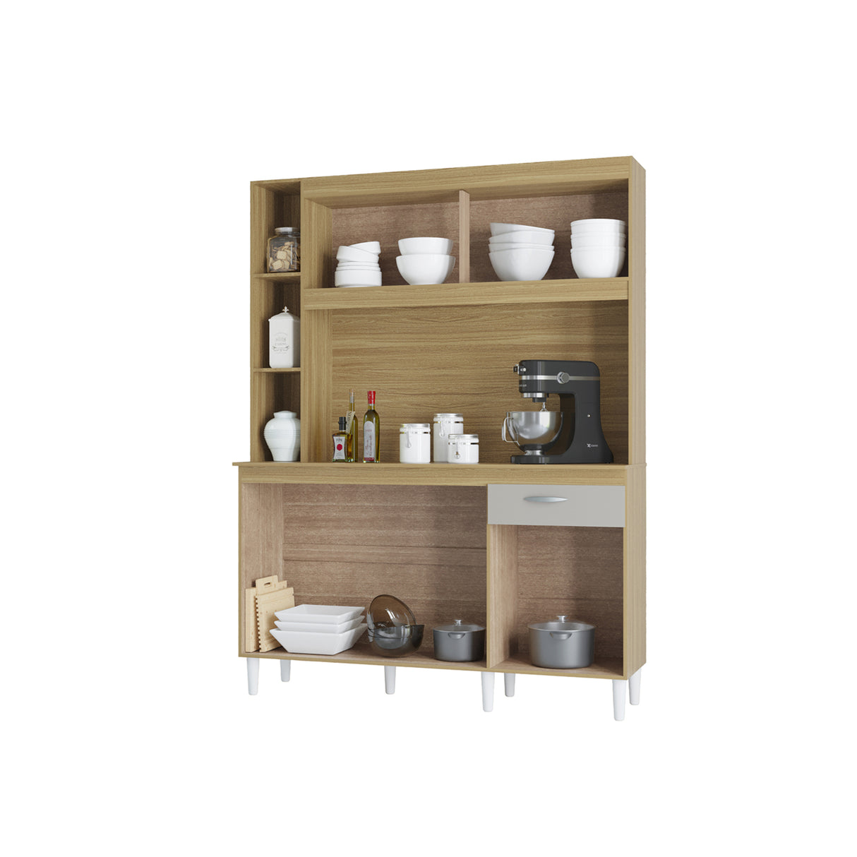 Alacena Duda Castaño y Beige 140x183cm con Un Cajón y Cinco Puertas - ALACENAS Y MUEBLES MICROONDAS | Bylmo