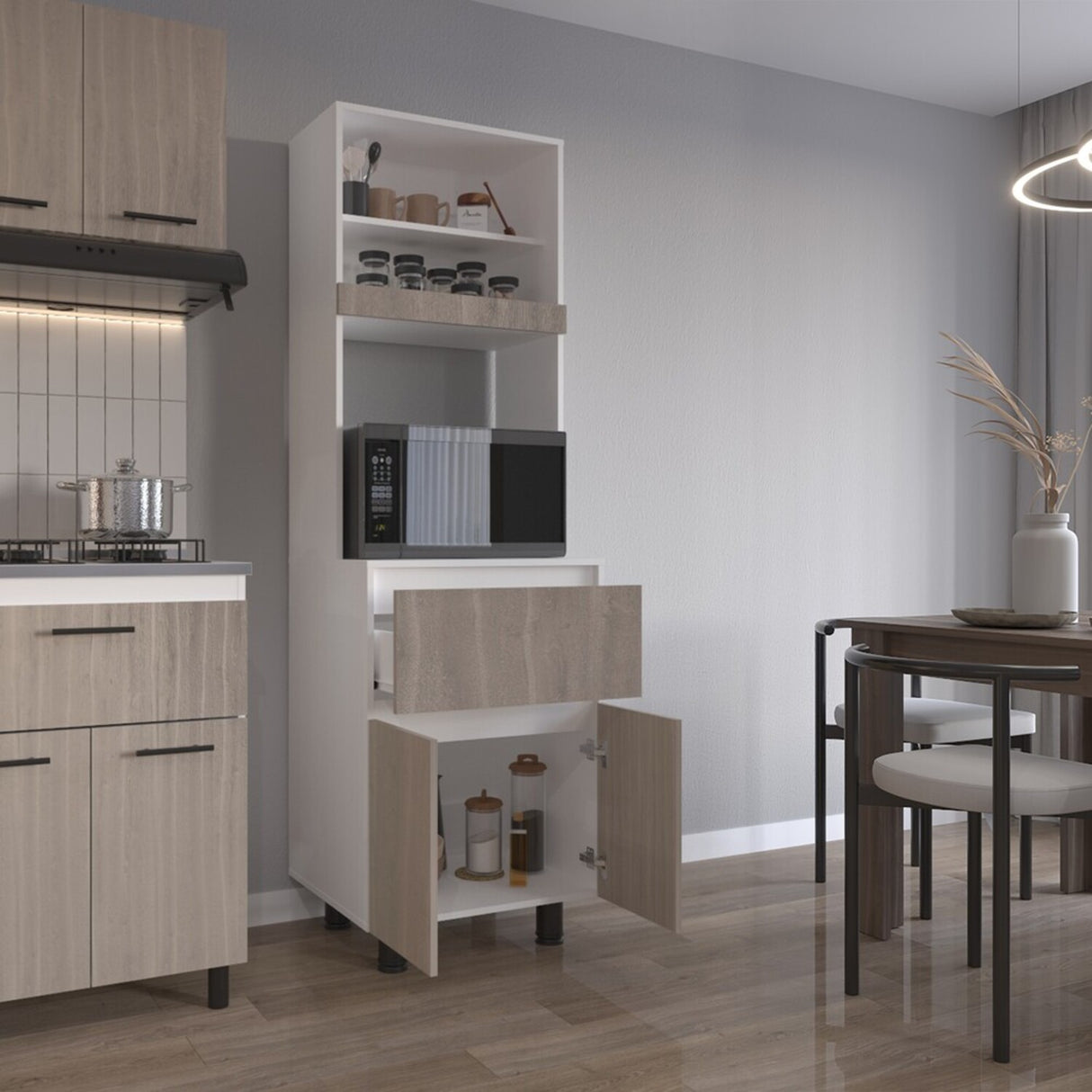 Alacena Express Blanco y Bardolino 60.2x194cm con Un Cajón y con Dos Puertas - ALACENAS Y MUEBLES MICROONDAS | Bylmo