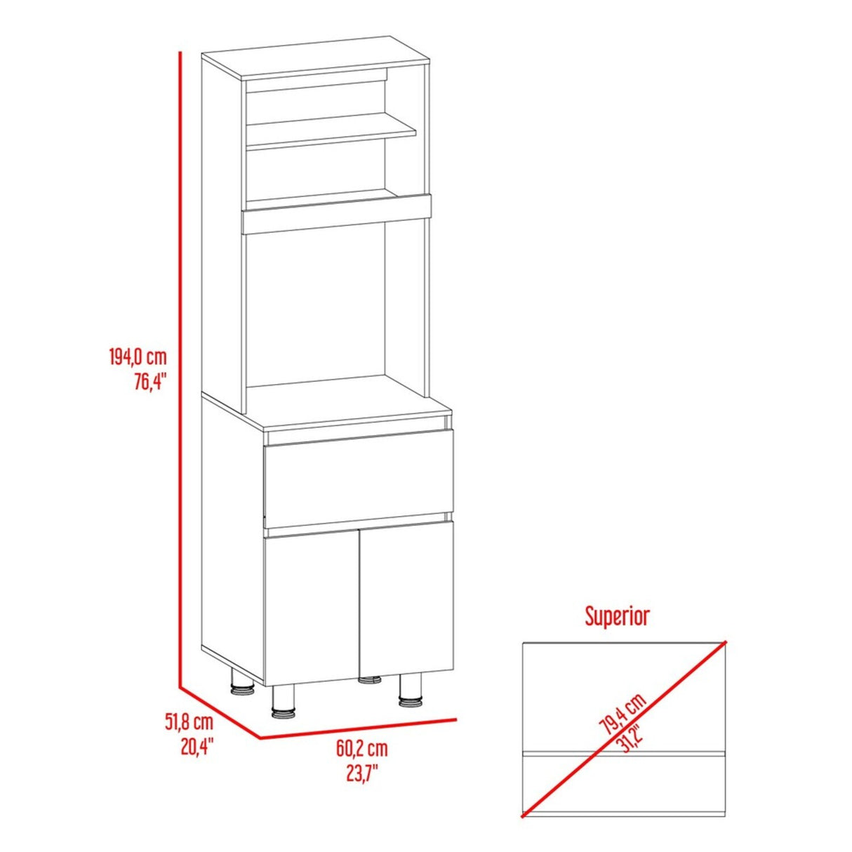 Alacena Express Blanco y Bardolino 60.2x194cm con Un Cajón y con Dos Puertas - ALACENAS Y MUEBLES MICROONDAS | Bylmo