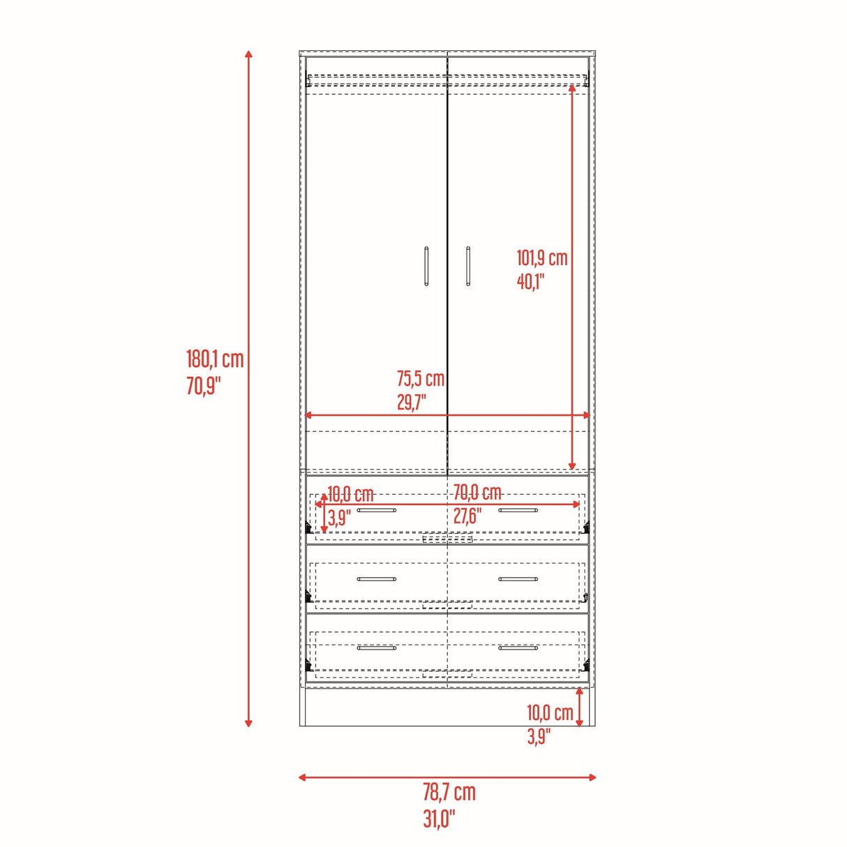Closet Taly Wengue 78.7x179.5cm con Tres Cajones con Dos Puertas y con Colgadero de Ropa - CLOSETS | Bylmo