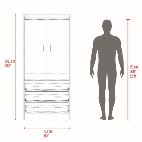 Closet Taly Wengue 78.7x179.5cm con Tres Cajones con Dos Puertas y con Colgadero de Ropa - CLOSETS | Bylmo