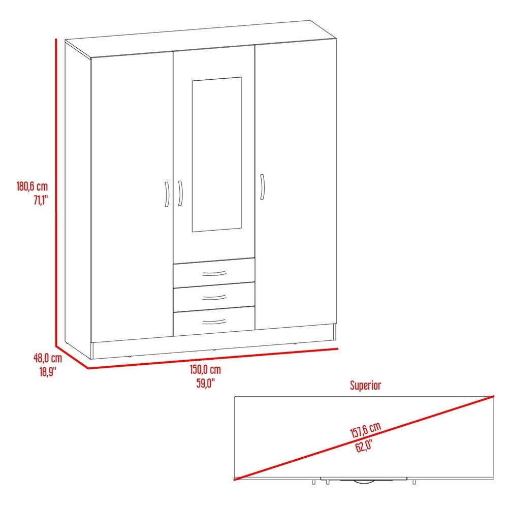 Closet Wengue 150x180.6cm con Tres Cajones con Tres Puertas con Colgadero de Ropa y con Espejo - CLOSETS | Bylmo
