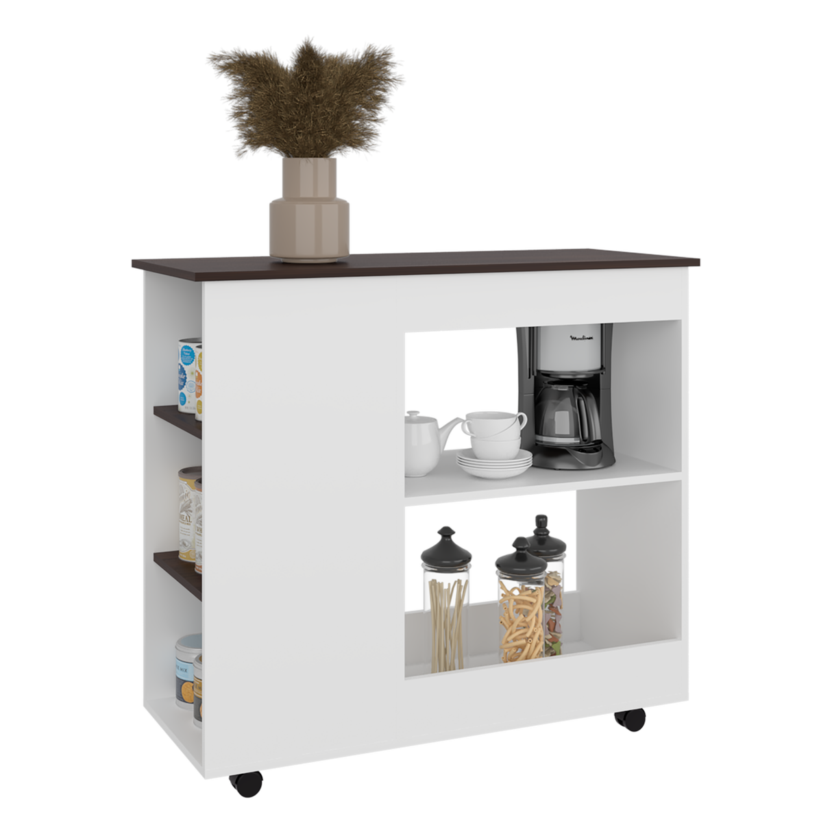 Barra de Cocina Nigella Blanco y Nogal 100x89.6cm con Ruedas y con Seis Compartimientos - BARRAS Y MUEBLES AUXILIARES | Bylmo