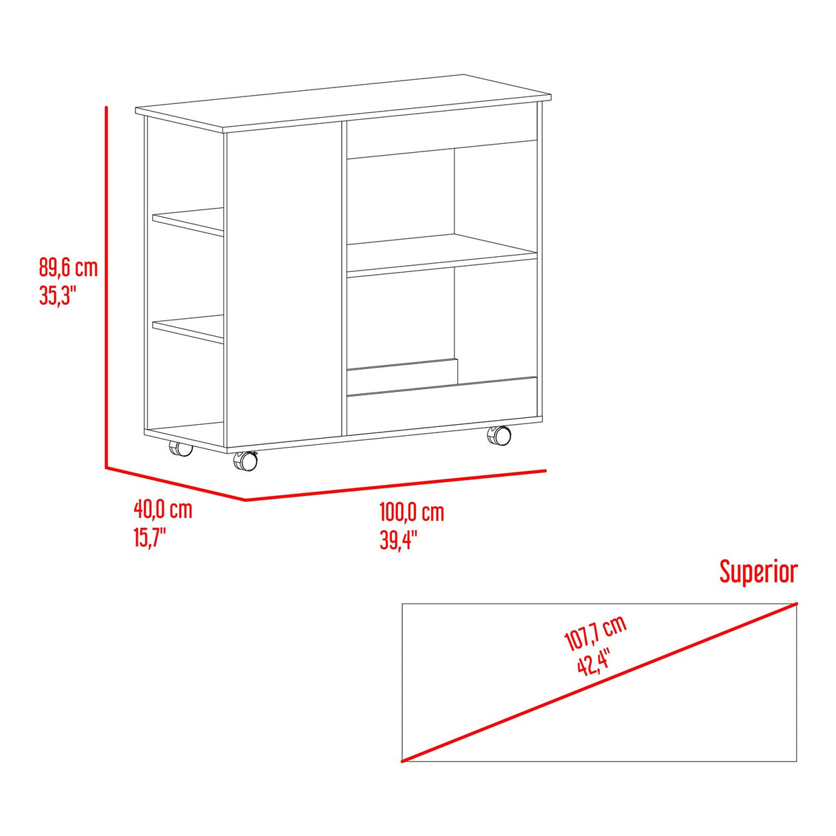 Barra de Cocina Nigella Blanco y Nogal 100x89.6cm con Ruedas y con Seis Compartimientos - BARRAS Y MUEBLES AUXILIARES | Bylmo
