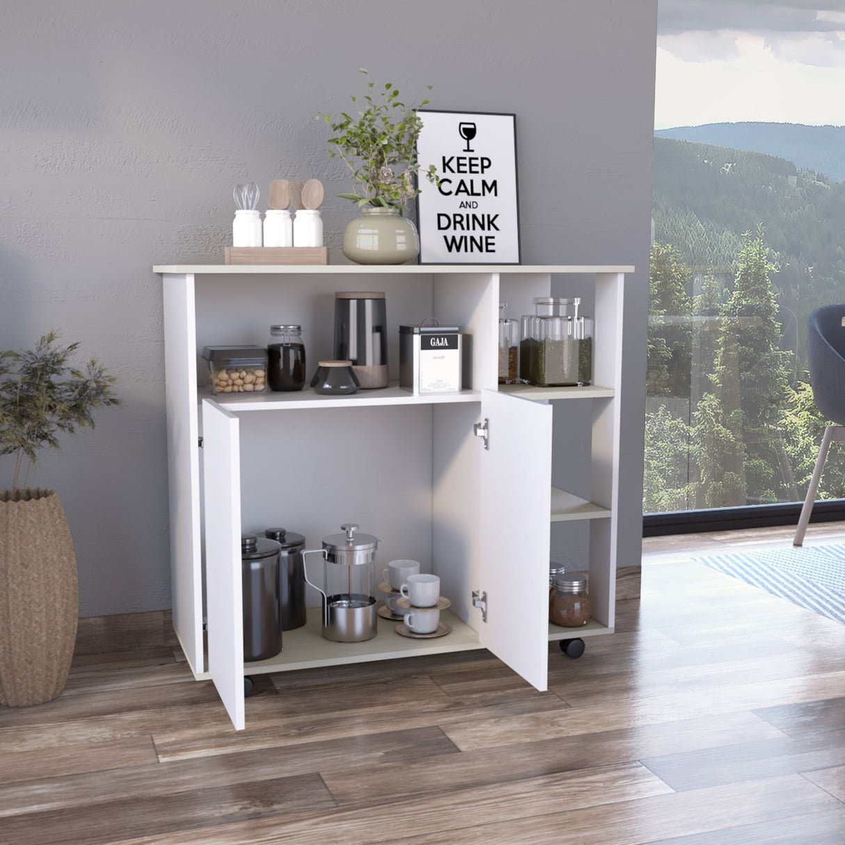 Barra de Cocina Paprika Blanco y Niebla 100x90cm con Ruedas y con Seis Compartimientos - BARRAS Y MUEBLES AUXILIARES | Bylmo