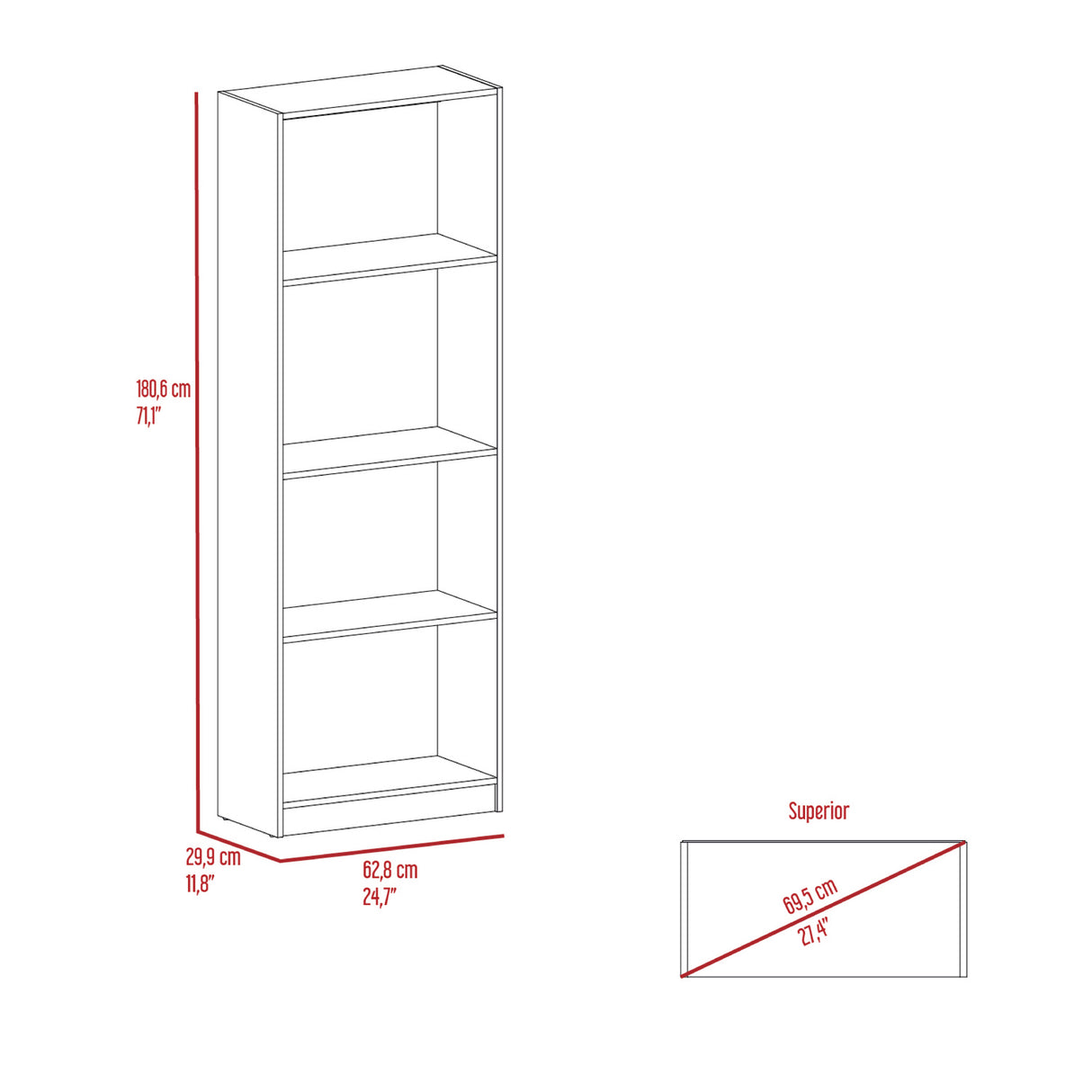 Estantería Home Fresno Europeo y Blanco 62.8x180.6cm Rectangular con Cuatro Compartimientos - BIBLIOTECAS Y ESTANTERIAS | Bylmo