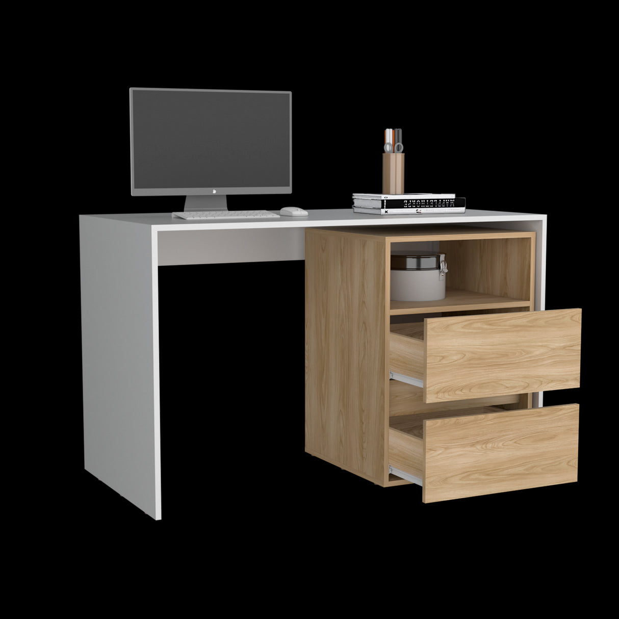 Escritorio Rookie Blanco y Fresno 120x75cm con Dos Cajones y con Organizador de Libros - ESCRITORIOS | Bylmo