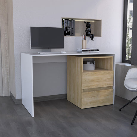 Escritorio Rookie Blanco y Fresno 120x75cm con Dos Cajones y con Organizador de Libros - ESCRITORIOS | Bylmo