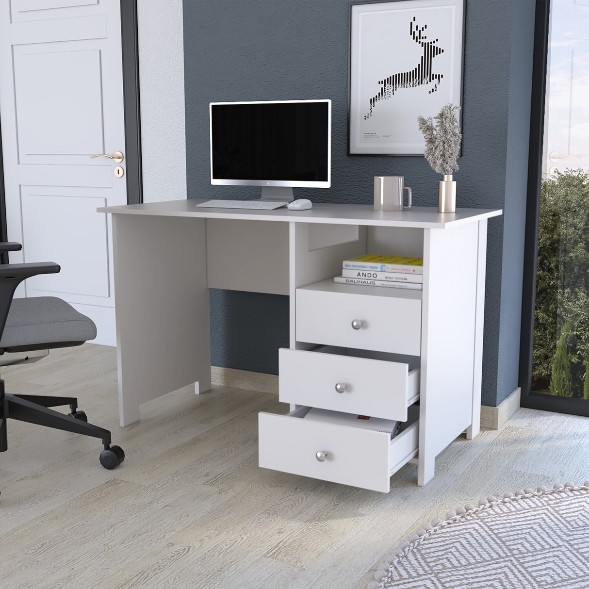 Escritorio Bianco Blanco 120x75cm con Tres Cajones y con Organizador de Libros - ESCRITORIOS | Bylmo