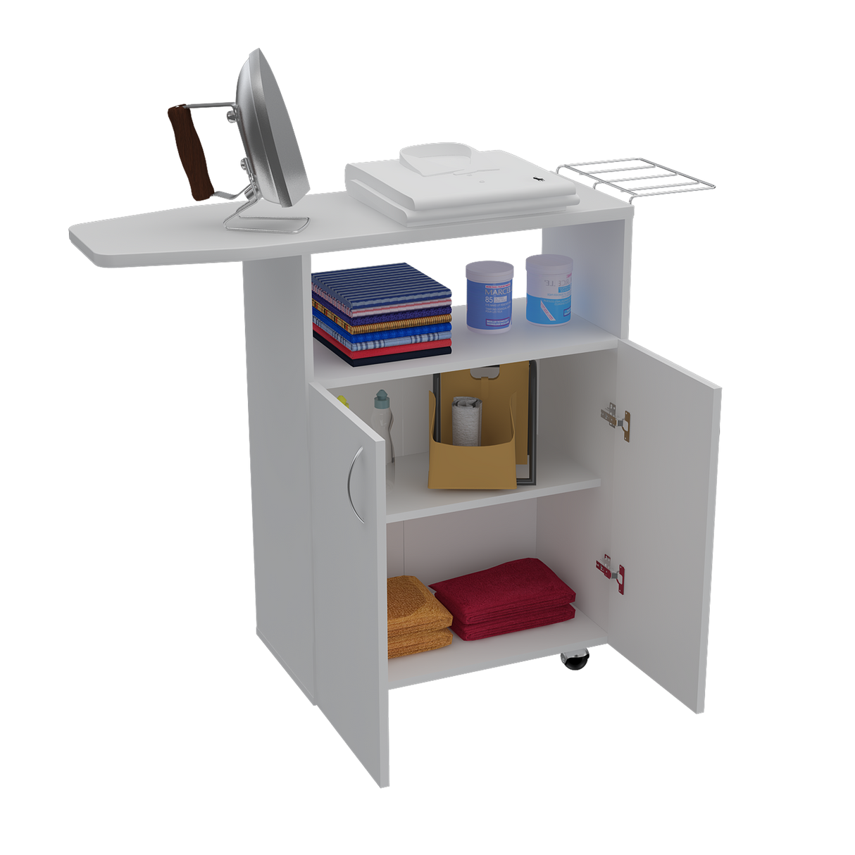 Mesa de Planchar Urano Blanco 90x86.1cm con Ruedas y con Dos Puertas - MUEBLES DE ASEO Y ROPAS | Bylmo