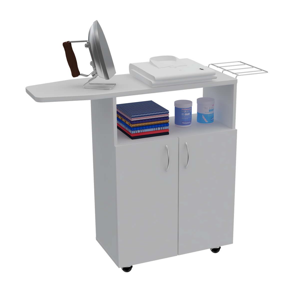 Mesa de Planchar Urano Blanco 90x86.1cm con Ruedas y con Dos Puertas - MUEBLES DE ASEO Y ROPAS | Bylmo