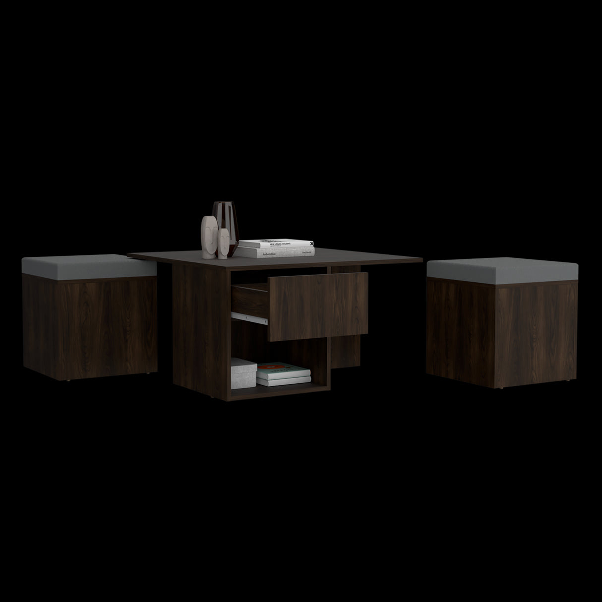 Mesa de Centro Lucien Nogal 80x45cm con Dos Asientos y con Compartimiento - MESAS DE CENTRO | Bylmo