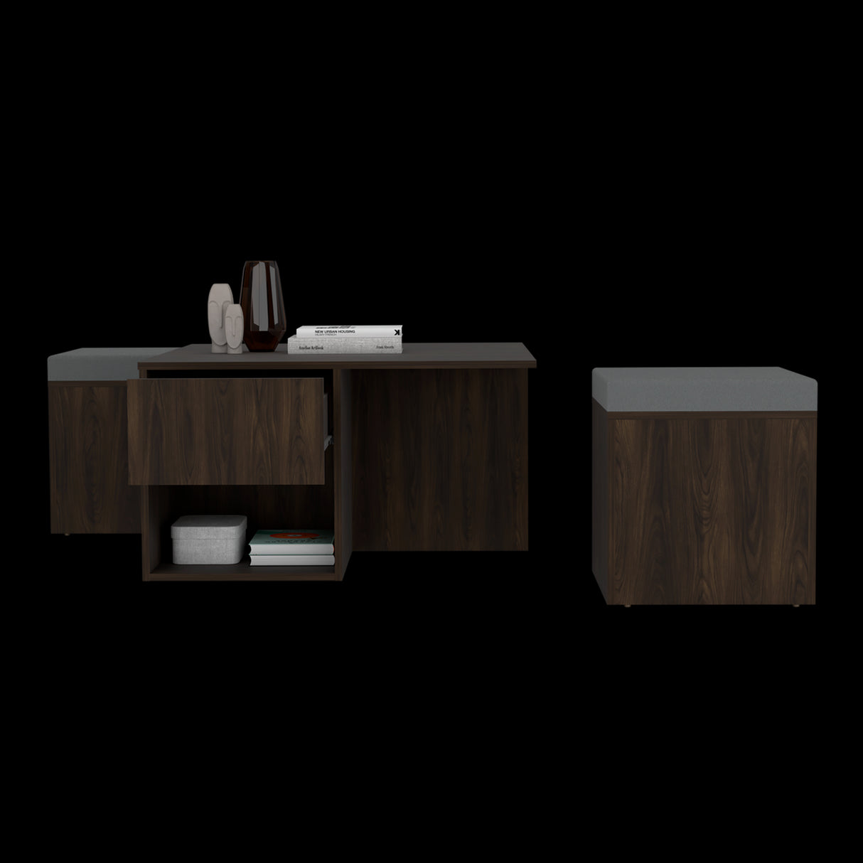 Mesa de Centro Lucien Nogal 80x45cm con Dos Asientos y con Compartimiento - MESAS DE CENTRO | Bylmo