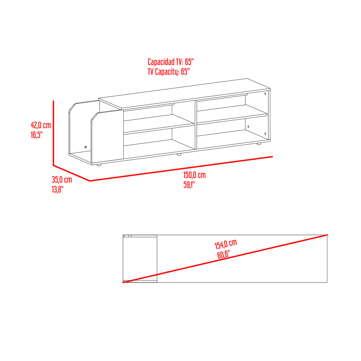 Rack de TV Solene Fresno Europeo y Wengue 150x42cm para TV Hasta 60" Pulgadas con Seis Compartimientos - MUEBLES DE TV | Bylmo