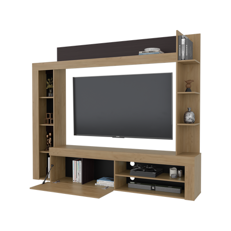 Centro de Entretenimiento Cecil Fresno Europeo y Wengue 215.8x178.1cm para TV Hasta 70 Pulgadas con Diez Compartimientos - MUEBLES DE TV | Bylmo