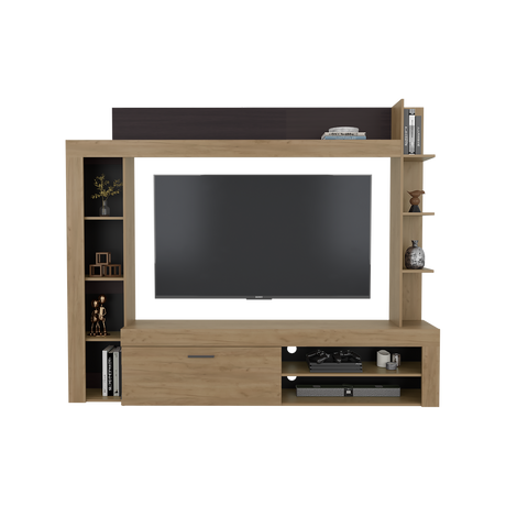 Centro de Entretenimiento Cecil Fresno Europeo y Wengue 215.8x178.1cm para TV Hasta 70 Pulgadas con Diez Compartimientos - MUEBLES DE TV | Bylmo