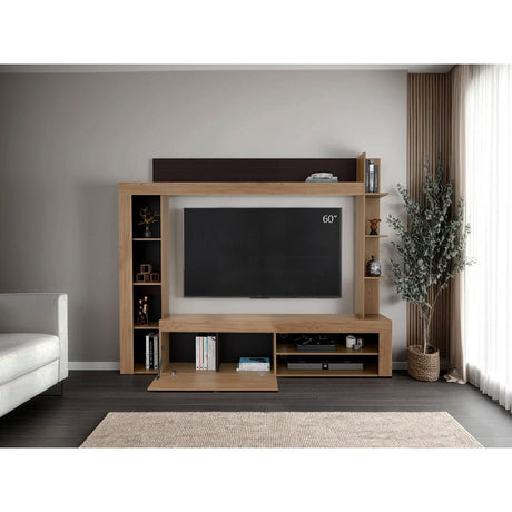 Centro de Entretenimiento Cecil Fresno Europeo y Wengue 215.8x178.1cm para TV Hasta 70 Pulgadas con Diez Compartimientos - MUEBLES DE TV | Bylmo
