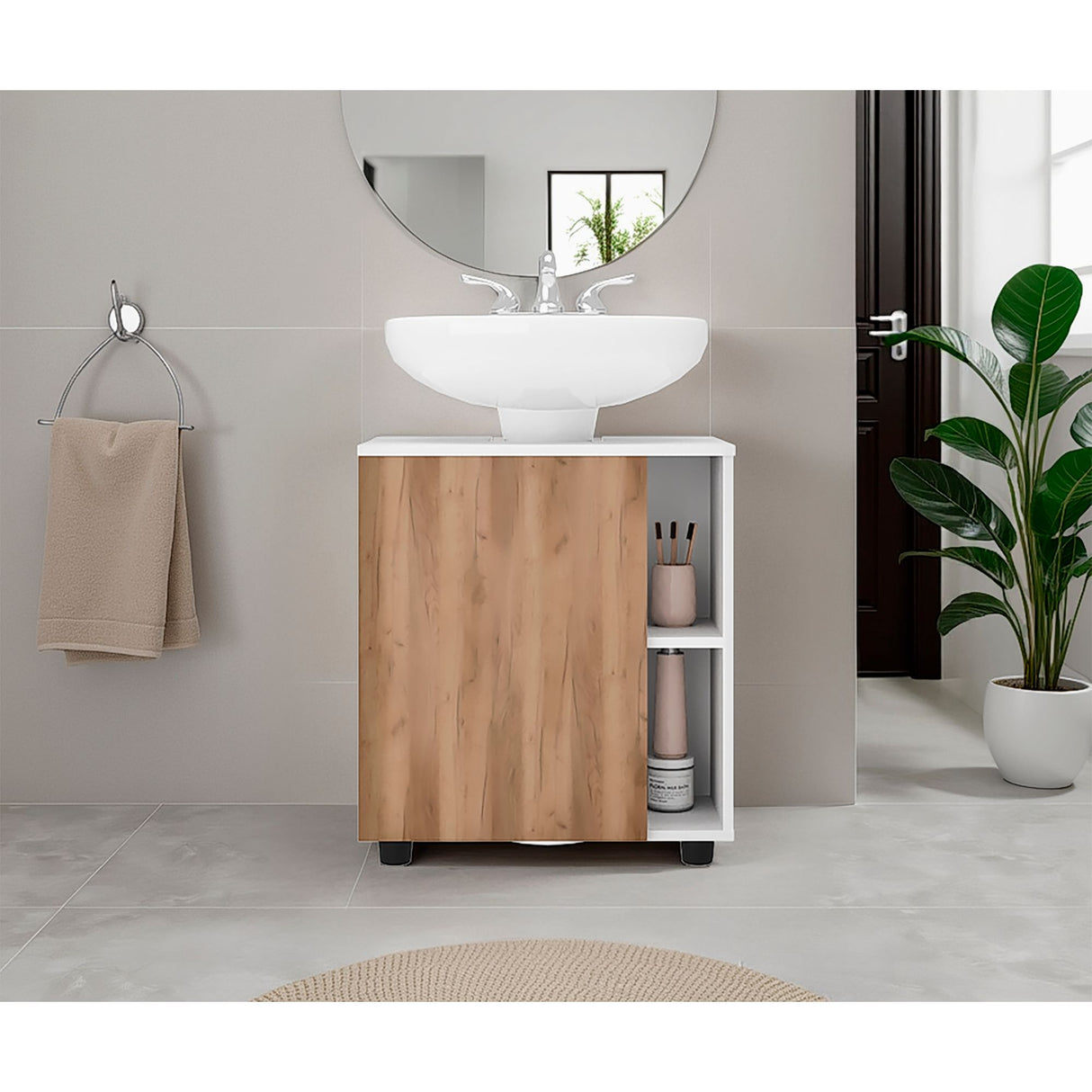 Mueble para Lavamanos Pascuale Blanco y Fresno Europeo 55x62cm Individual sin Lavamanos - MUEBLES PARA LAVAMANOS | Bylmo