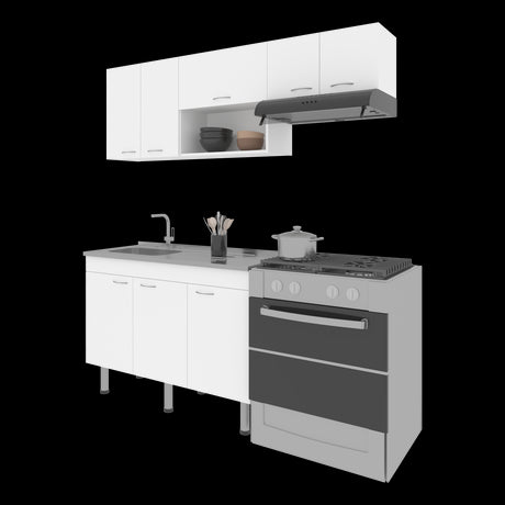 Cocina Oceana Blanco 180.2x60cm con Mesón de Acero Al Carbón Lado Izquierdo y con Estufa - COCINAS | Bylmo