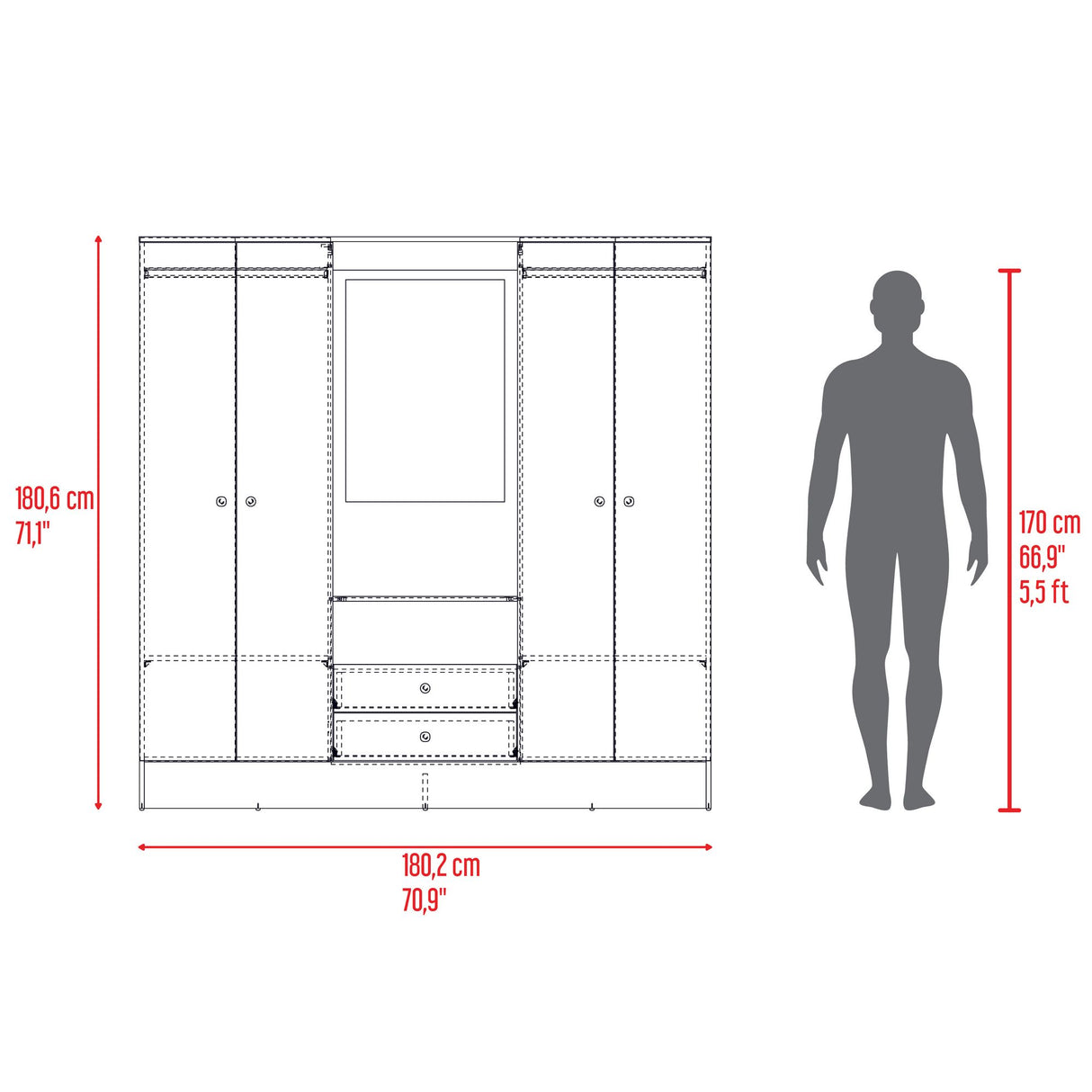 Closet Barmine Fresno Europeo y Wengue 180.2x180.6cm con Espejo con Dos Cajones y Seis Compartimientos - CLOSETS | Bylmo