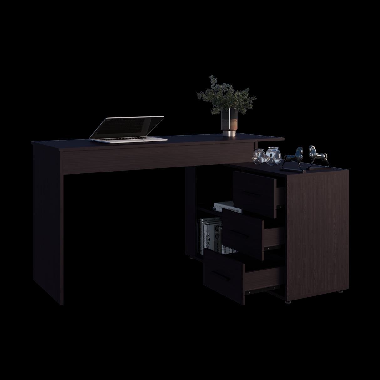 Escritorio en L Upton Wengue 137.5x75cm con Tres Cajones y con Organizador de Libros - ESCRITORIOS | Bylmo