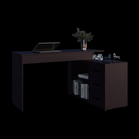 Escritorio en L Upton Wengue 137.5x75cm con Tres Cajones y con Organizador de Libros - ESCRITORIOS | Bylmo