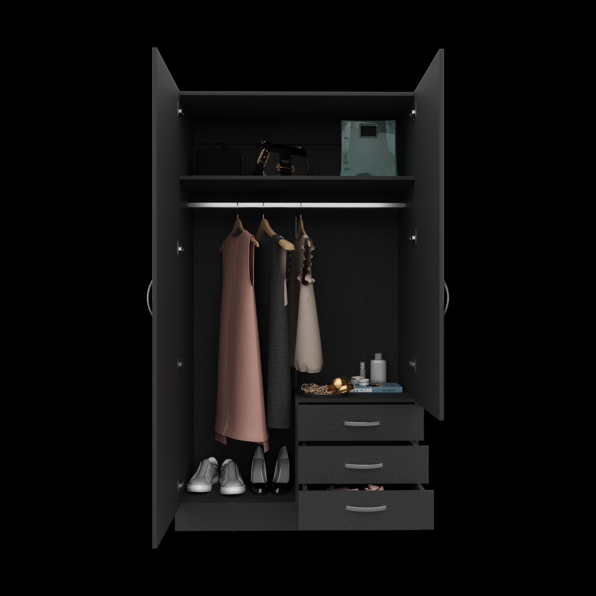 Closet Lumy Wengue 100x180.6cm con Tres Cajones con Seis Compartimientos y con Espejo - CLOSETS | Bylmo