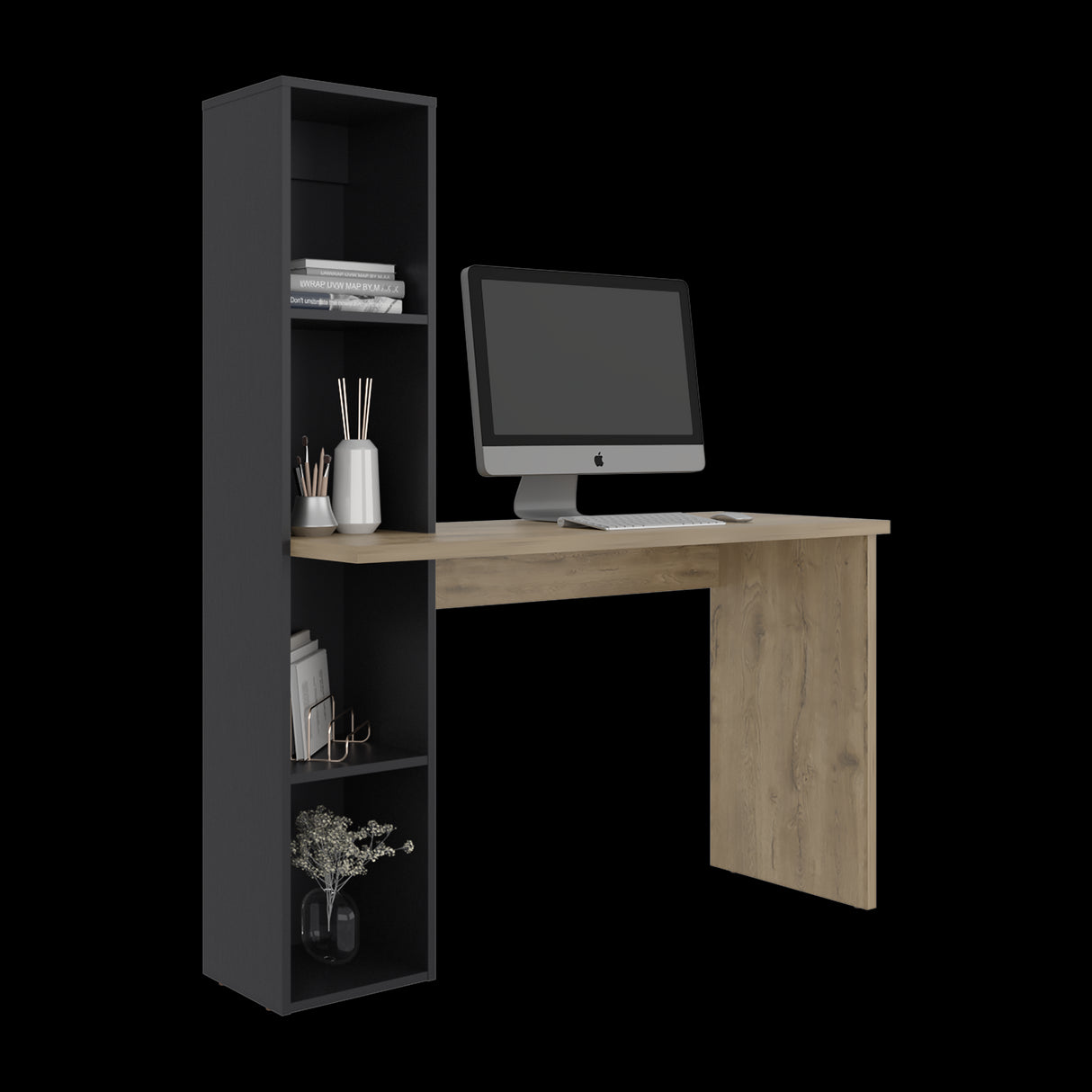Escritorio con Biblioteca Aston Macadamia y Wengue 120.3x145.8cm con Organizador de Libros - ESCRITORIOS | Bylmo