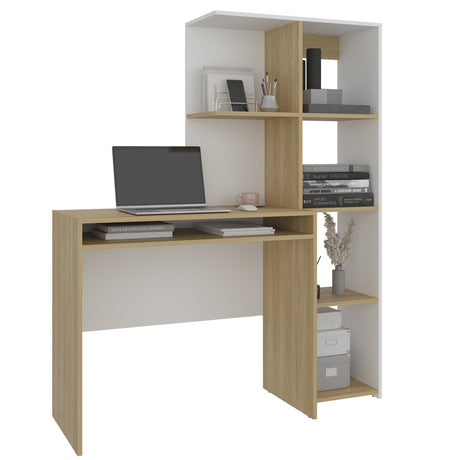 Escritorio con Biblioteca Alister Blanco y Fresno Europeo 125.5x150.9cm con Organizador de Libros - ESCRITORIOS | Bylmo