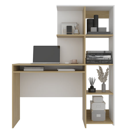 Escritorio con Biblioteca Alister Blanco y Fresno Europeo 125.5x150.9cm con Organizador de Libros - ESCRITORIOS | Bylmo