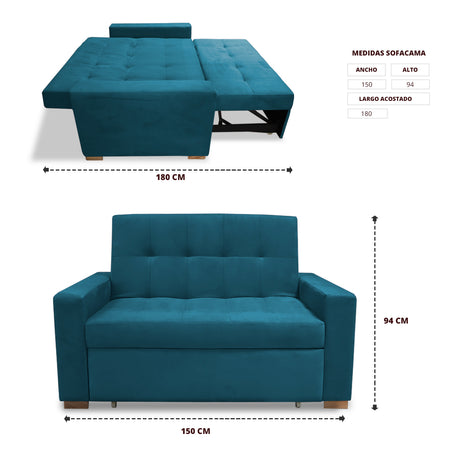 Sofacama Atalanta Turquesa 150x94cm de Dos Puestos Reclinable Antifluido y sin Apoya Brazos - SOFAS Y POLTRONAS | Bylmo