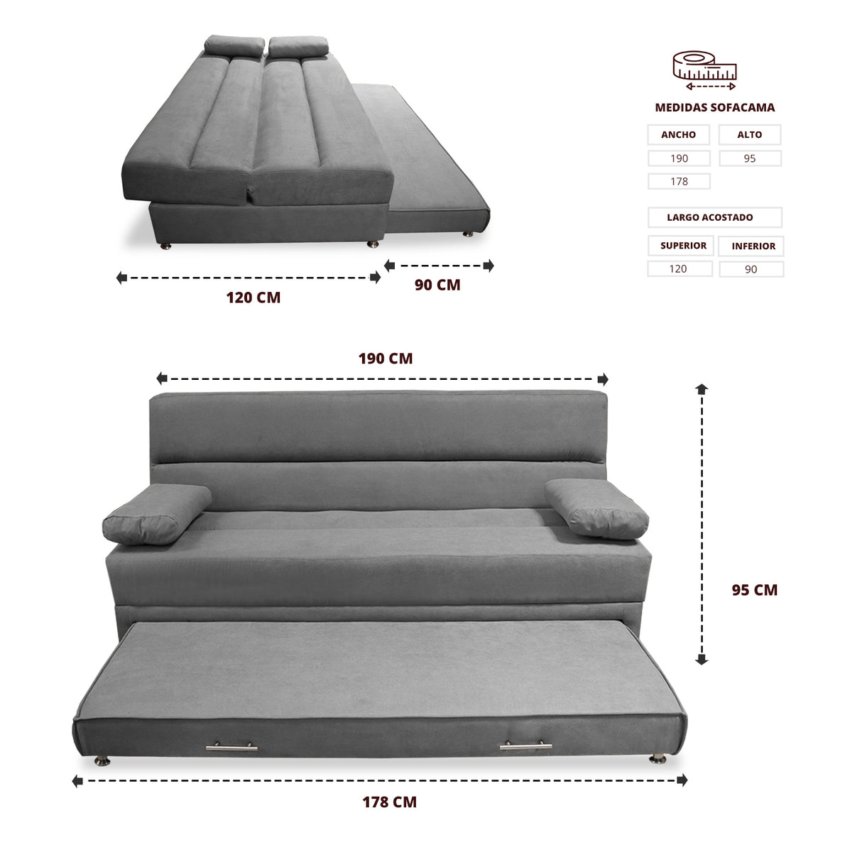 Sofacama Ferreira Gris 190x95cm de Tres Puestos Reclinable Antifluido y sin Apoya Brazos - SOFAS Y POLTRONAS | Bylmo
