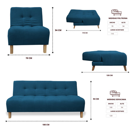 Sala Clic Clac Azul Petróleo 180x94cm de Cinco Puestos Reclinable Antifluido y sin Apoya Brazos - SOFAS Y POLTRONAS | Bylmo