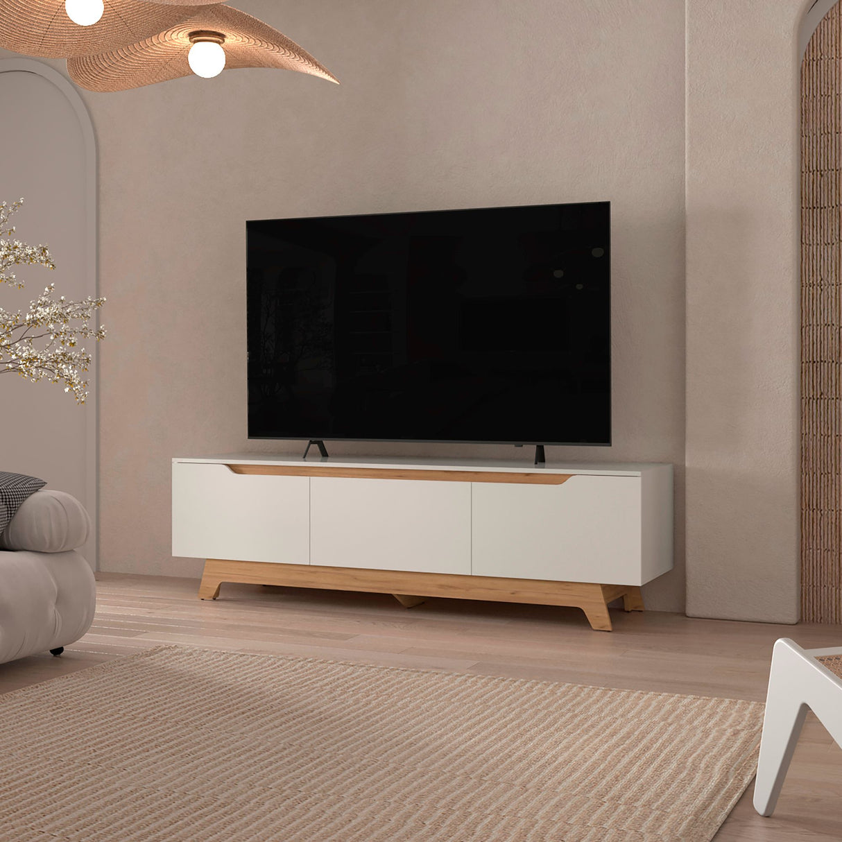 Centro de Entretenimiento Woodall Blanco Y Fresno Europeo 180.6x53cm Para TV hasta 80" Pulgadas con Un Cajón y Tres Compartimientos - MUEBLES DE TV | Bylmo