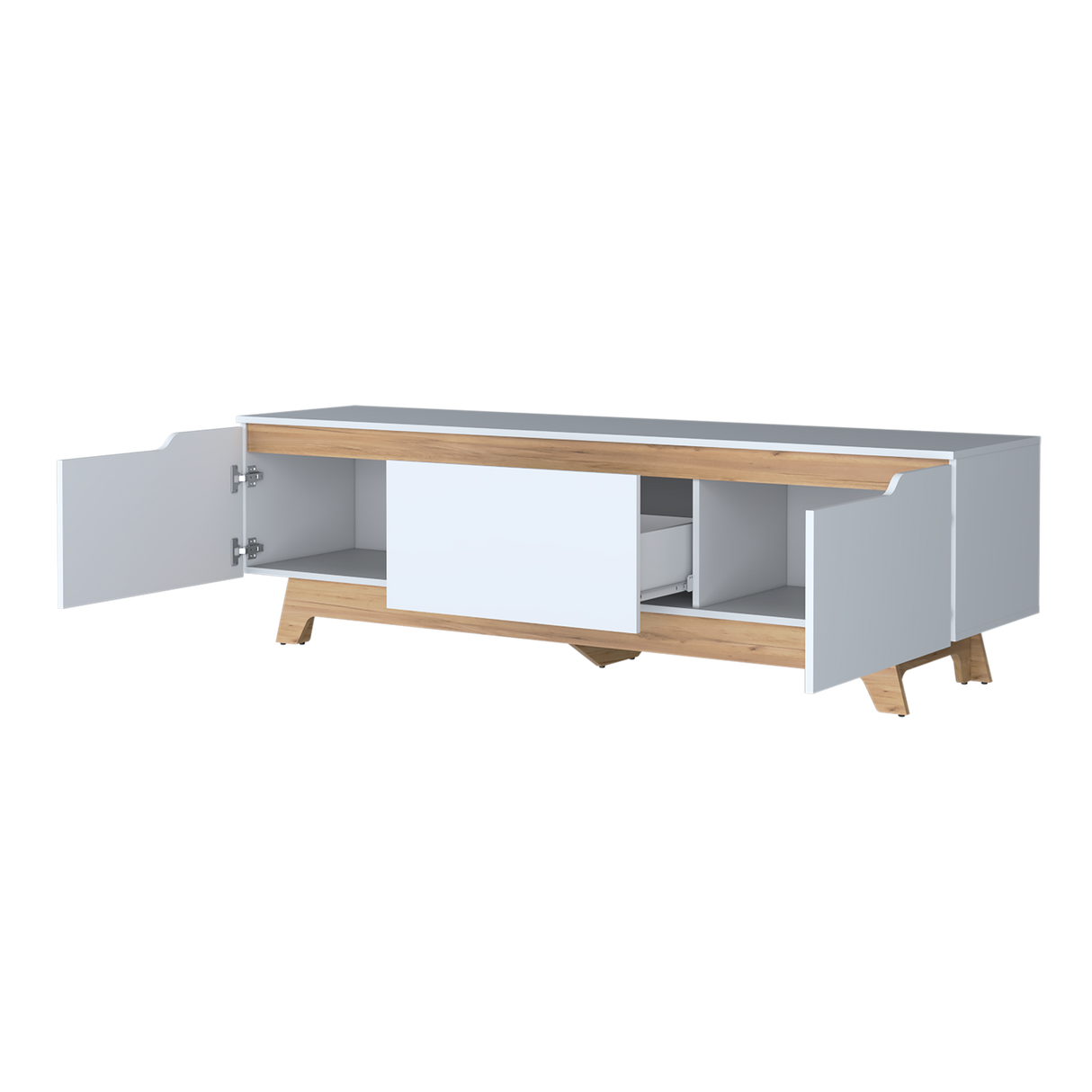 Centro de Entretenimiento Woodall Blanco Y Fresno Europeo 180.6x53cm Para TV hasta 80" Pulgadas con Un Cajón y Tres Compartimientos - MUEBLES DE TV | Bylmo