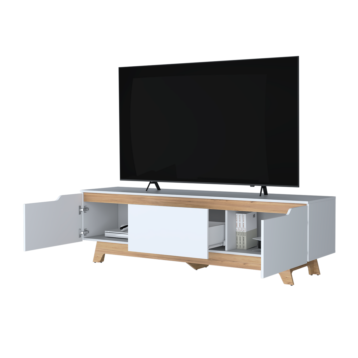 Centro de Entretenimiento Woodall Blanco Y Fresno Europeo 180.6x53cm Para TV hasta 80" Pulgadas con Un Cajón y Tres Compartimientos - MUEBLES DE TV | Bylmo