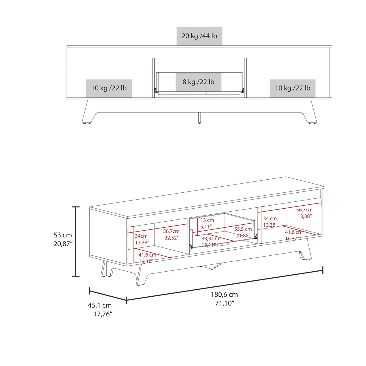 Centro de Entretenimiento Woodall Blanco Y Fresno Europeo 180.6x53cm Para TV hasta 80" Pulgadas con Un Cajón y Tres Compartimientos - MUEBLES DE TV | Bylmo