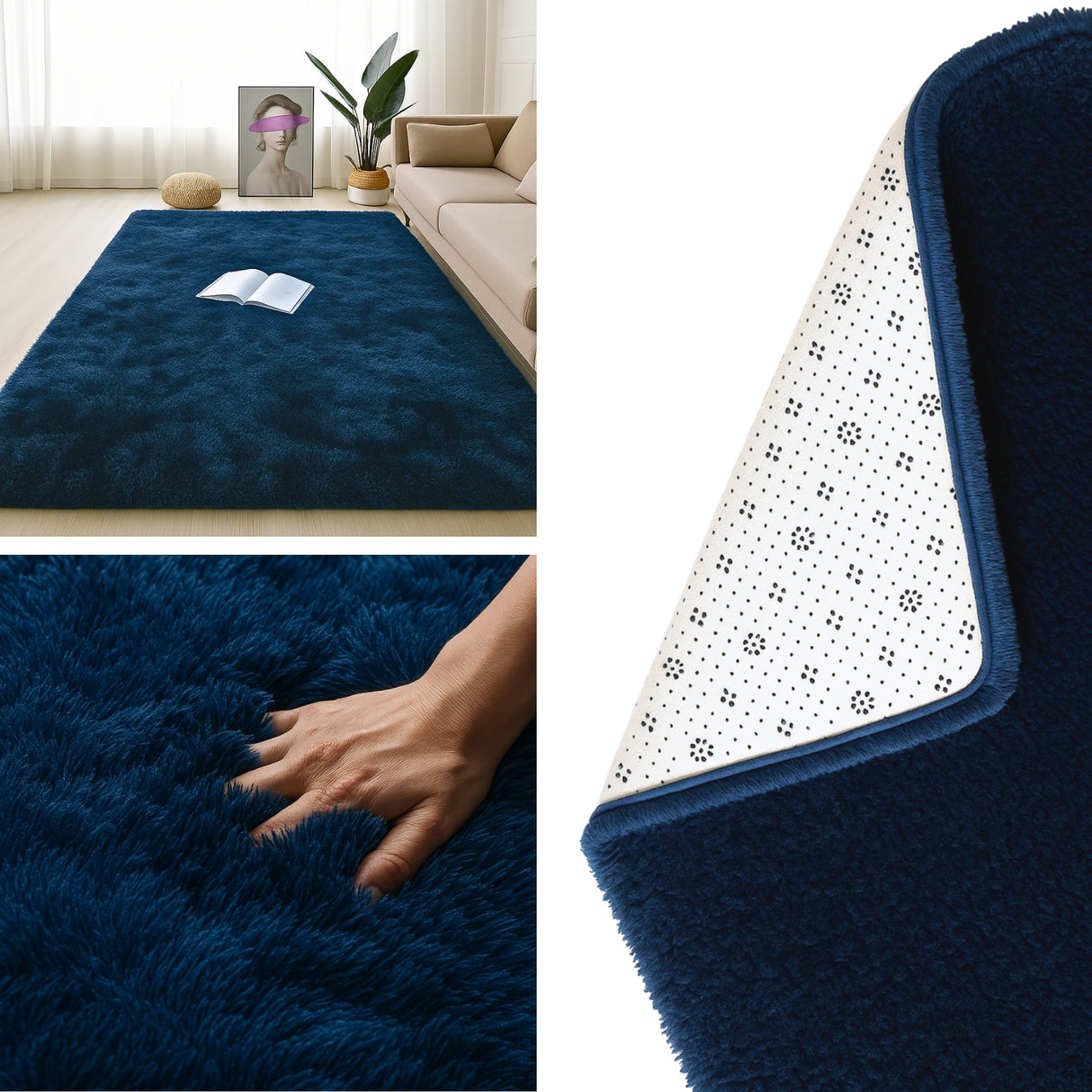 Alfombra de Peluche Rectangular Azul Oscuro 150x200cm Fondo Entero Suave Antideslizante para Sala De Estar - TAPETES Y ALFOMBRAS | Bylmo