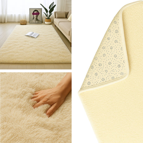 Alfombra de Peluche Rectangular Beige Claro 150x200cm Fondo Entero Suave Antideslizante para Sala De Estar - TAPETES Y ALFOMBRAS | Bylmo