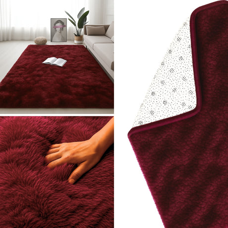 Alfombra de Peluche Rectangular Vinotinto 150x200cm Fondo Entero Suave Antideslizante para Sala De Estar - TAPETES Y ALFOMBRAS | Bylmo