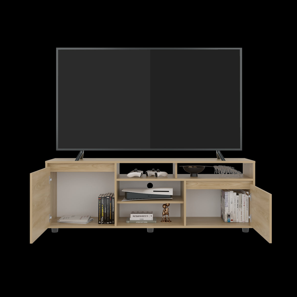 Rack de TV Pino Fresno Europeo 160x55cm Para TV Hasta 70" Pulgadas con Seis Compartimientos - MUEBLES DE TV | Bylmo