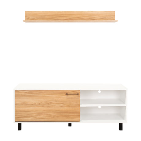 Rack de TV Bryce Blanco y Fresno Europeo 140x53cm Para TV Hasta 65" Pulgadas con Cuatro Compartimientos - MUEBLES DE TV | Bylmo