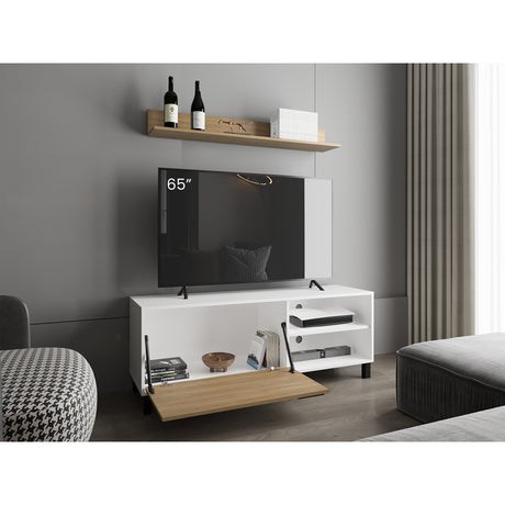 Rack de TV Bryce Blanco y Fresno Europeo 140x53cm Para TV Hasta 65" Pulgadas con Cuatro Compartimientos - MUEBLES DE TV | Bylmo