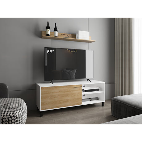 Rack de TV Bryce Blanco y Fresno Europeo 140x53cm Para TV Hasta 65" Pulgadas con Cuatro Compartimientos - MUEBLES DE TV | Bylmo