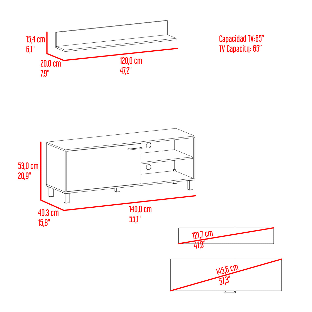 Rack de TV Bryce Blanco y Fresno Europeo 140x53cm Para TV Hasta 65" Pulgadas con Cuatro Compartimientos - MUEBLES DE TV | Bylmo