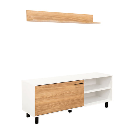 Rack de TV Bryce Blanco y Fresno Europeo 140x53cm Para TV Hasta 65" Pulgadas con Cuatro Compartimientos - MUEBLES DE TV | Bylmo