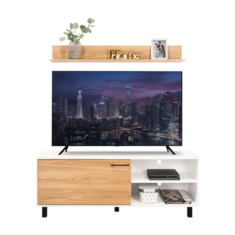 Rack de TV Bryce Blanco y Fresno Europeo 140x53cm Para TV Hasta 65" Pulgadas con Cuatro Compartimientos - MUEBLES DE TV | Bylmo
