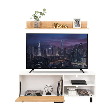 Rack de TV Bryce Blanco y Fresno Europeo 140x53cm Para TV Hasta 65" Pulgadas con Cuatro Compartimientos - MUEBLES DE TV | Bylmo