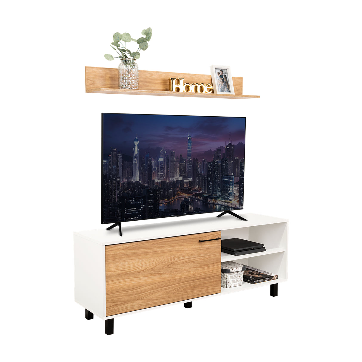 Rack de TV Bryce Blanco y Fresno Europeo 140x53cm Para TV Hasta 65" Pulgadas con Cuatro Compartimientos - MUEBLES DE TV | Bylmo