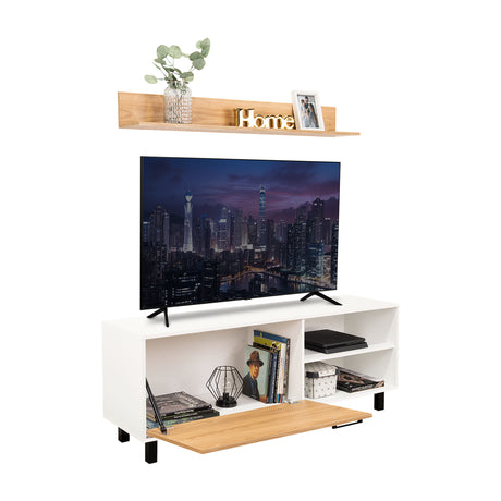 Rack de TV Bryce Blanco y Fresno Europeo 140x53cm Para TV Hasta 65" Pulgadas con Cuatro Compartimientos - MUEBLES DE TV | Bylmo